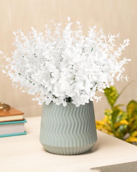 Artificial Fake Outdoor Plants Flowers for Spring Decoration, Faux Plastic Plants Outdoor Flowers UV Resistant Realistic for Home Outside Planter Window Porch Patio Garden(Pure White Eucalyptus)