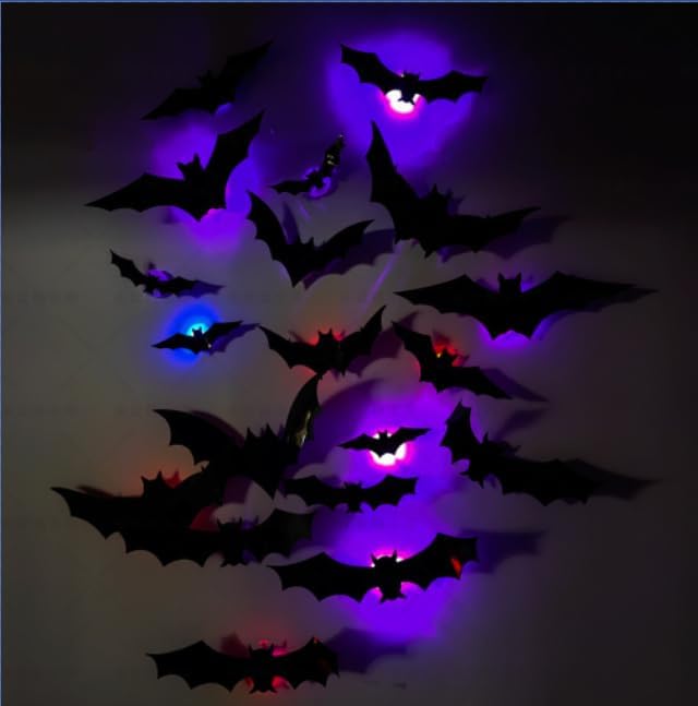 2025 New Halloween 3D Lighted Bats, LED Purple Lighted 3D Bats Halloween Decoration, Upgrade LED Glowing Bat Group Hanging Wall Luminous Glow Clings Multipack (24Pcs Black)