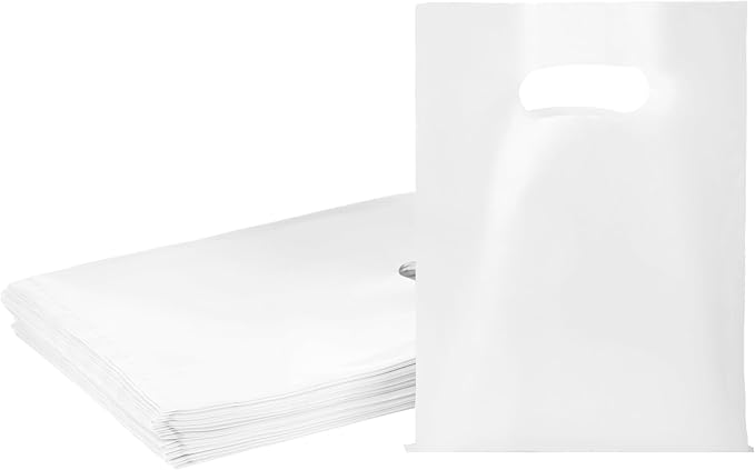 100 PCS White Small Gift Bags, 6"x8" Party Favor Goodie Bags, Treat Retail Pouches with Handle for Kids Birthday, Christmas, Small Businesses