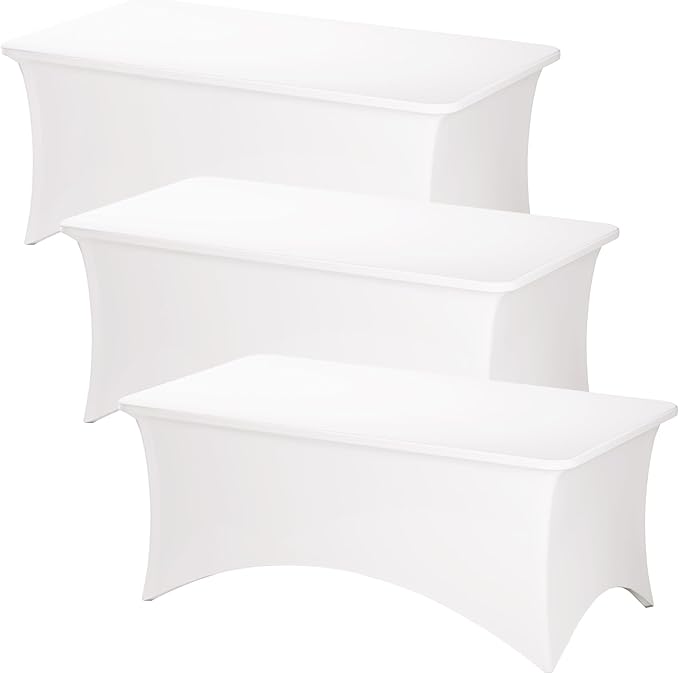 Fixwal 3 Pack Pearl White Table Cloths Rectangle 6FT, Tablecloths Rectangular Stretch Spandex Fitted Table Covers 6Ft for Parties, Trade Shows, Banquet, Weddings, Buffet, Graduation Decorations