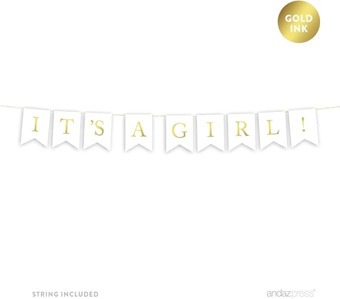 Andaz Press Baby Shower Hanging Bunting Pennant Party Banner with String, Metallic Gold Ink, It's a Girl!, 4-Feet, 1-Set, Includes String, Not Gold Foil