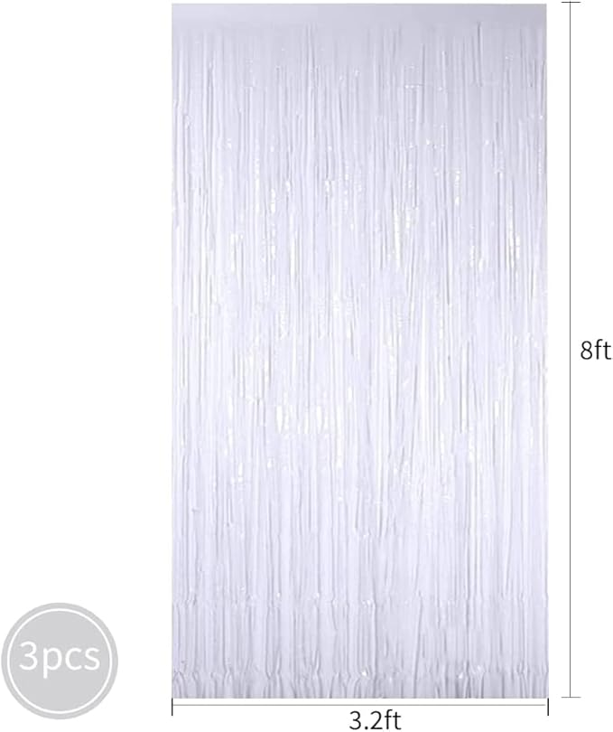 3Pcs White Metallic Tinsel Foil Fringe Curtains,3.2ft*8ft Gold Photo Booth Backdrop Streamer,Photo Booth Props,for Party Door Wall Curtains Bachelorette Birthday, Christmas,New Year Decorations