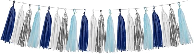 Teal Silver White Navy-Blue Party-Decorations – 15pcs Tissue Paper Tassel Garland Banner Birthday Decorations for Boy Men Christmas Baby Shower Winter Theme Hanging Decor HongTongTong