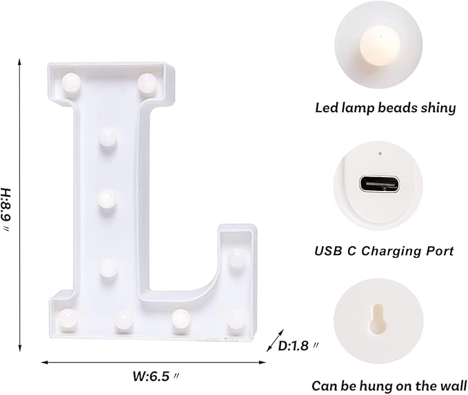 Foaky Rechargeable LED Letter Lights Sign Marquee Light Up Letters Sign for Night Light Wedding/Birthday Party Christmas Lamp Home Bar Decoration (L)