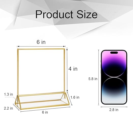 NIUBEE 6Pack 6 x 4 Horizontal Clear Acrylic Sign Holder with Gold Borders, Double Sided Table Menu Stands Picture Frames for Wedding Table Numbers, Restaurant Signs, Photos and Art Display
