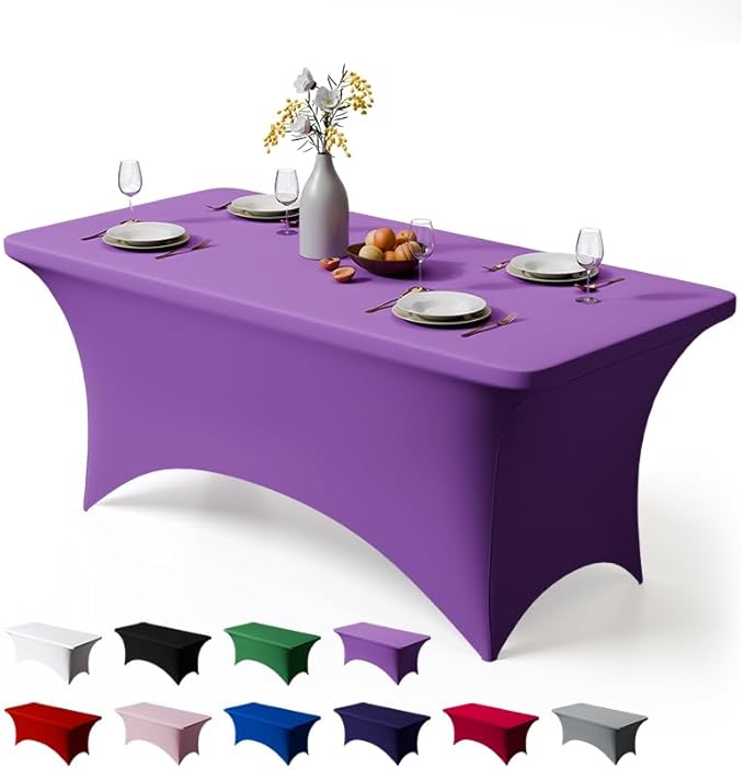 Trlyc 1 Pack 8FT Spandex Table Cloth - 96 x 30 Inch Rectangular Stretch Tablecloth, Wrinkle Resistant Scretch Table Cover for Wedding, Party, Banquet, Picnic, Outdoor Decoration (1Pcs,Purple)