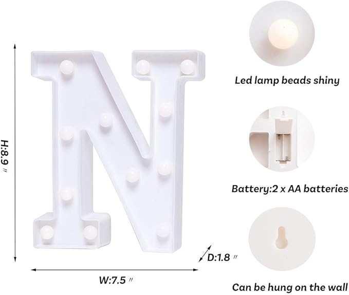 Foaky LED Letter Lights Sign Marquee Light Up Letters Sign for Night Light Wedding/Birthday Party Battery Powered Christmas Lamp Home Bar Decoration(N)