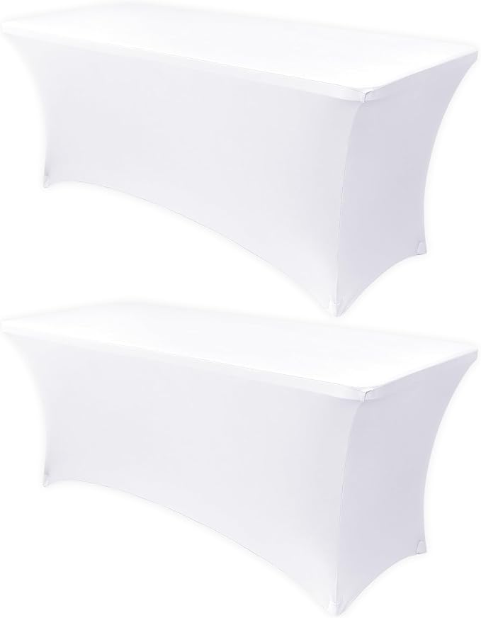 Obstal 6ft Stretch Spandex Table Cover - 2 Pack Universal Rectangular Fitted Tablecloth Protector for Wedding, Banquet and Party, White