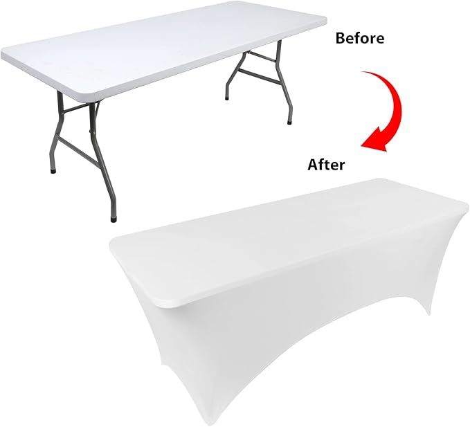 Table Covers for 6 Foot Tables, White Washable and Wrinkle Resistant Stretch Tablecloths Rectangle 6ft for Events, Wedding, Banquets, Parties