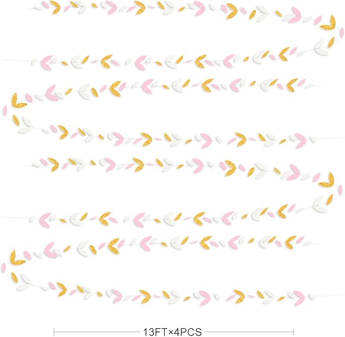 52 Ft Pink and Gold Party Decorations White Blush Gold Leaf Garland Paper Hanging Leaves Streamer Banner for Birthday Bachelorette Engagement Anniversary Wedding Bridal Baby Shower Hen Party Supplies