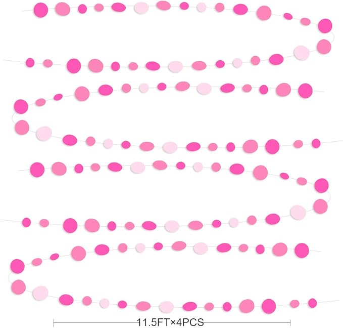 Hot Pink Party Decorations Circle Dots Garland Rose Pink White Hanging Paper Polka Dots Streamer for Birthday Bachelorette Engagement Wedding Baby Bridal Shower Anniversary Minnie Theme Party Supplies