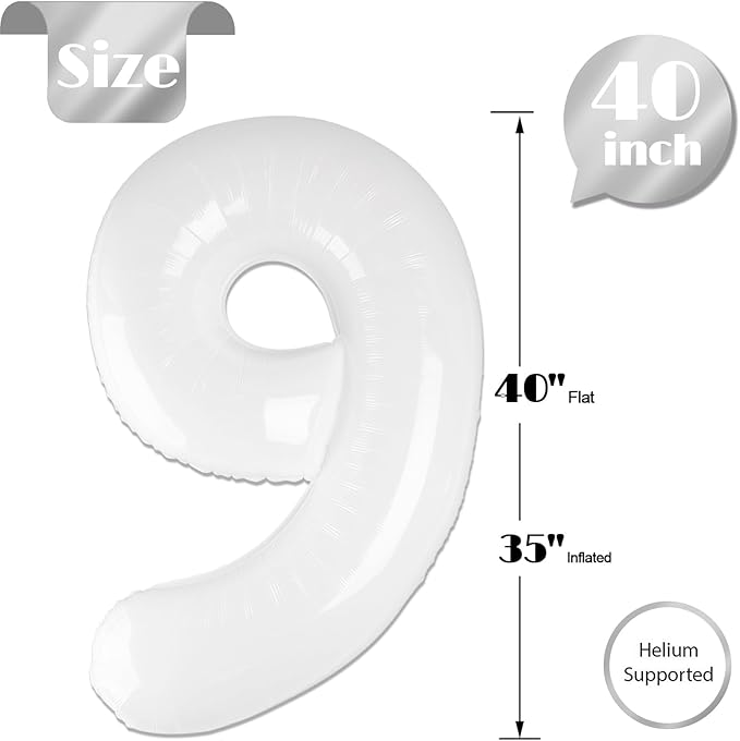 White Number 9 Balloon 40 Inch, 9 Balloon Number, 9th Birthday Decorations, White Party Supplies for Boys Girls