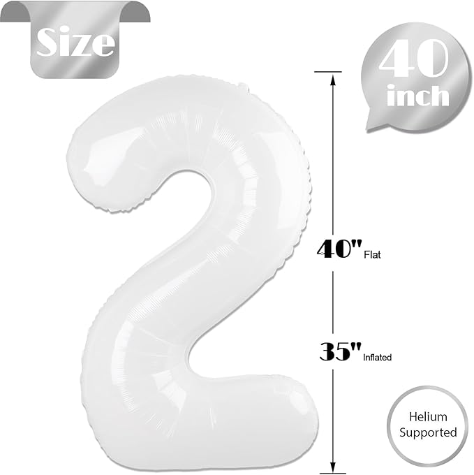 White Number 2 Balloon 40 Inch, 2nd Birthday Decoration for Toddlers Girls Boys, Sparkling 2 Number Balloon Party Decor