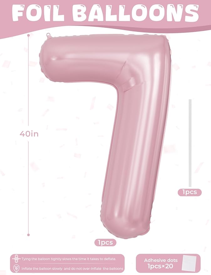 Pink Number 7 Balloons – 40 Inch Giant Foil Number Balloon, Light Pink Number Balloon for Girls Birthday, Baby Shower & Princess Theme Party Decorations