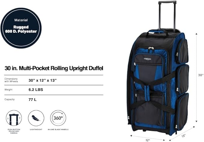 Travelers Club Xpedition 30 Inch Multi-Pocket Upright Rolling Duffel Bag