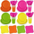 durony 192 Pcs Neon Party Supplies Paper Plates Cups Napkins Hard Plastic Cutlery Forks Knives Spoons Disposable Glow Party Tableware for Fiesta Neon Birthday Party Favor Decorations Serves 24 Guests