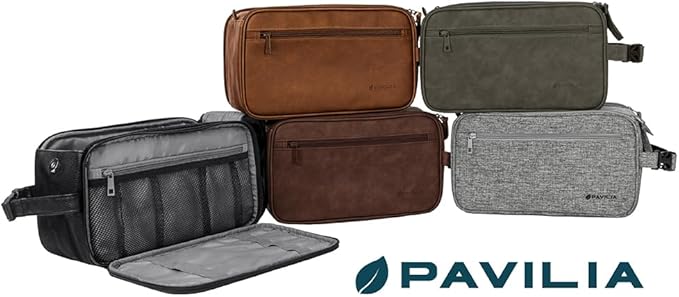 PAVILIA Toiletry Bag for Men, Travel Essentials Shaving Dopp Kit, Mens Travel Bag Toiletries Organizer Case for Grooming, PU Leather Water Resistant Cosmetic Bag Pouch (XL, Dark Brown)
