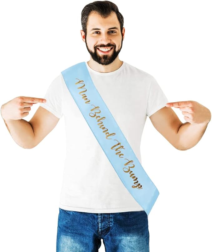 "Man Behind The Bump" Funny Baby Shower Sash for Daddy to Be, Baby Shower Party Decorations Gifts Supplies Dad to Be Baby Gender Reveal Ideas New Father Favors (Blue)