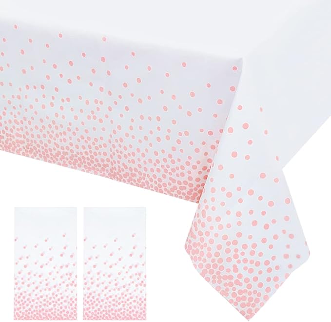 Mulbozy 2 Pcs Rose Pink Dot White Plastic Tablecloth for Rectangle Table, Rose Pink Dot Confetti Party Table Covers for Baby Shower, Wedding, Anniversary, Birthday Party Decoration, 54 × 108 inches
