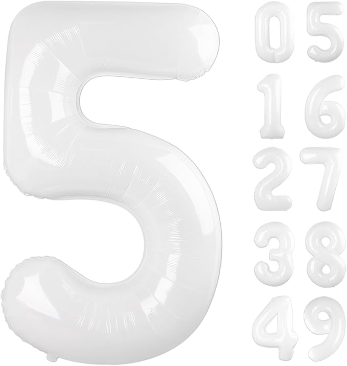 White 40 Inch Large Number 5 Birthday Balloon, 2025 Five 5th 15 25 35 50 55 Birthday Celebration Decorations, White Foil 5 Mylar Helium Balloons Girl Boy Anniversary Party Supplies