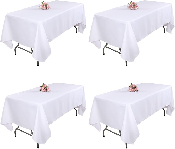 Kesfey 4 Packs White Polyester Table Cloths 60 x126 inch Rectangle High Density Washable Table Cover Fabric Tablecloth for 6 Foot Tables Wrinkle Resistant Tablecovers for Wedding Banquet Buffet Party