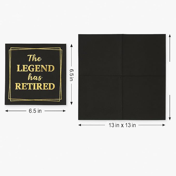 50‑Pack ‘The Legend Has Retired’ Black & Gold Napkins – 2‑Ply Cocktail, Lunch & Dinner Party Napkins – Elegant, Disposable Retirement Party Decoration – 6.5″ x 6.5″ Folded (Large, 50, Pack)