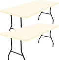 Smiry 2 Pack Rectangle Picnic Table Cloth, Waterproof Elastic Fitted Tablecloths, Washable Polyester Rectangular Patio Table Cover for Camping, Indoor and Outdoor (Beige, 30"x96")