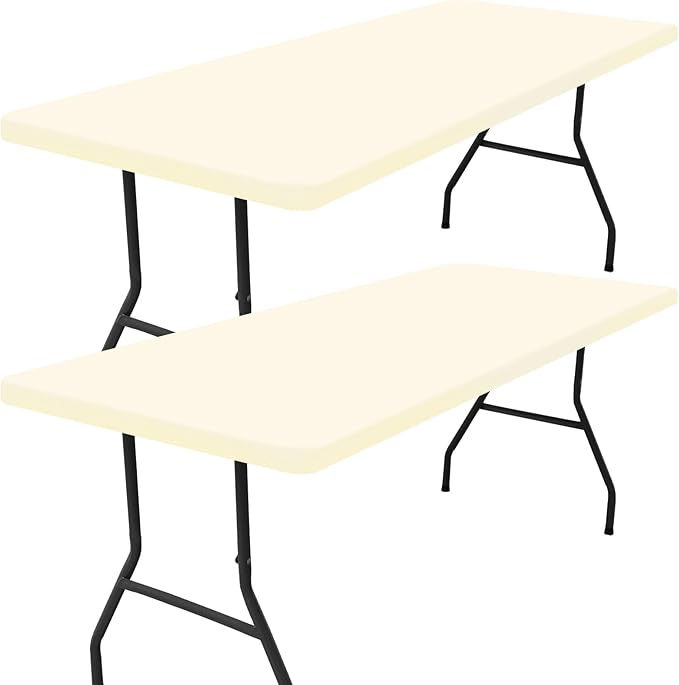 Smiry 2 Pack Rectangle Picnic Table Cloth, Waterproof Elastic Fitted Tablecloths, Washable Polyester Rectangular Patio Table Cover for Camping, Indoor and Outdoor (Beige, 30"x96")