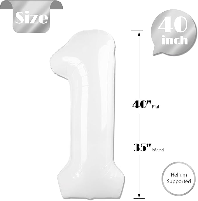 White Number 1 Balloon for First Birthday 40 Inch, 1st One Number Balloons Birthday Decorations for Girl Boy Toddler Baby