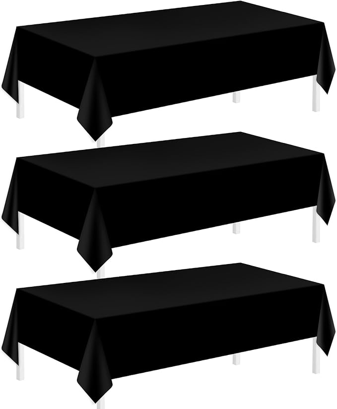 Childom 3 Pack Plastic Tablecloths for Rectangle Tables 54" x 108" Black Disposable Table Cloths for 6 to 8 Foot Tables Indoor or Outdoor Parties Birthday Wedding Christmas Anniversary Buffet Table
