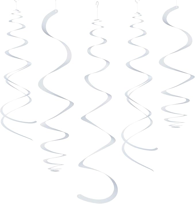 White Party Hanging Swirl Decorations Plastic Streamer for Ceiling, Pack of 28