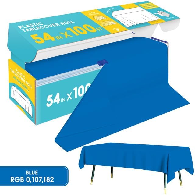 Blue Plastic Table Cover Roll - 54IN x 100FT, Table Cloth for Rectangle Table with Slide Cutter, Plastic Table Cloth Disposable with Cut-to-Size Design for Weddings, Banquets, Parties