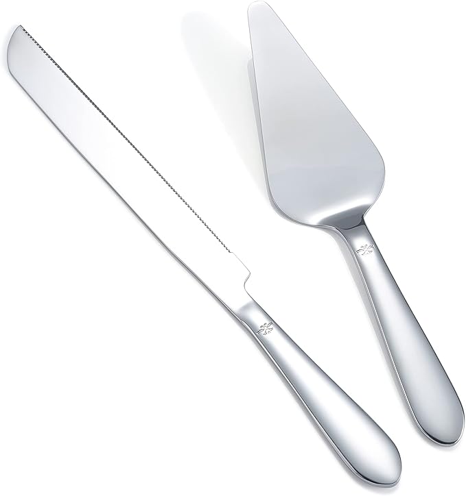 Cake Cutting Set for Wedding, Elegant Cake Knife and Server Set with Thickened Stainless Steel Rounded Edges, Cake Cutter and Pie Spatula for Birthday Anniversary, 2 Pcs, Silver