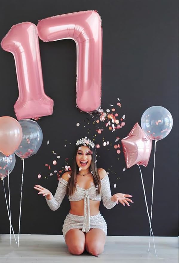 7 Balloon Pearl Pink Numbers, 17th Birthday Decorations For boys And Girls, 40 Inch Big Balloons for 7, 17, 27, 70 Birthday, Wedding Anniversary, Christmas, New Year, Party Decoration