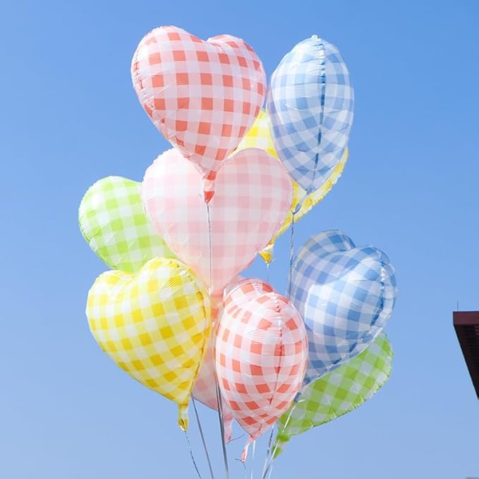 Blue White Checkered Heart Balloons, 10 Pcs Light Blue Grid Heart Shape Balloon, 18 Inch Lattice Foil Valentines Balloons for Kids Boys Birthday Wedding Valentines Bridal Baby Shower Party Decorations