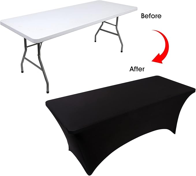 4ft Table Cover Fitted, 2 Pack Black Spandex Table Covers, Washable and Wrinkle Resistant Stretch Tablecloths Rectangle for Events, Wedding, Banquets, Parties