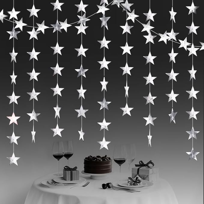 Silver Shining Star Hanging Garland Silver Hanging Sparkling Star Streamer Glitter Bunting Banner Twinkle Backdrop for Wedding Baby Shower Birthday Christmas Decorations 40 Feet