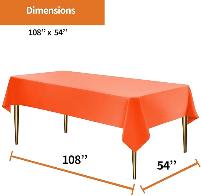 Orange Disposable Plastic Tablecloth for Rectangle Tables (12 Pack) Table Cloths for Parties, Halloween, Events & Weddings, Indoors Outdoors, 54 x 108 inches, Plastic Table Cover