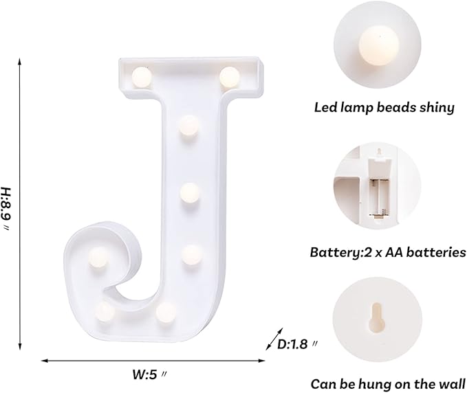 Foaky LED Letter Lights Sign Marquee Light Up Letters Sign for Night Light Wedding/Birthday Party Battery Powered Christmas Lamp Home Bar Decoration(J)