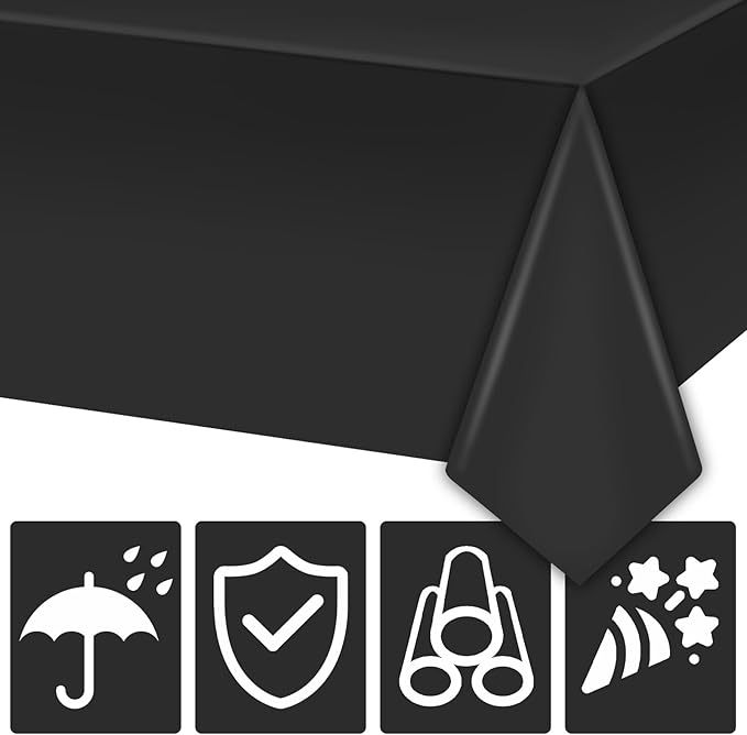 2 Pack Black Plastic Tablecloth 54 x 108 Inch Disposable Table Cloth Rectangular Table Cover for Indoor or Outdoor Parties Engagement Wedding Bridal Shower Banquet