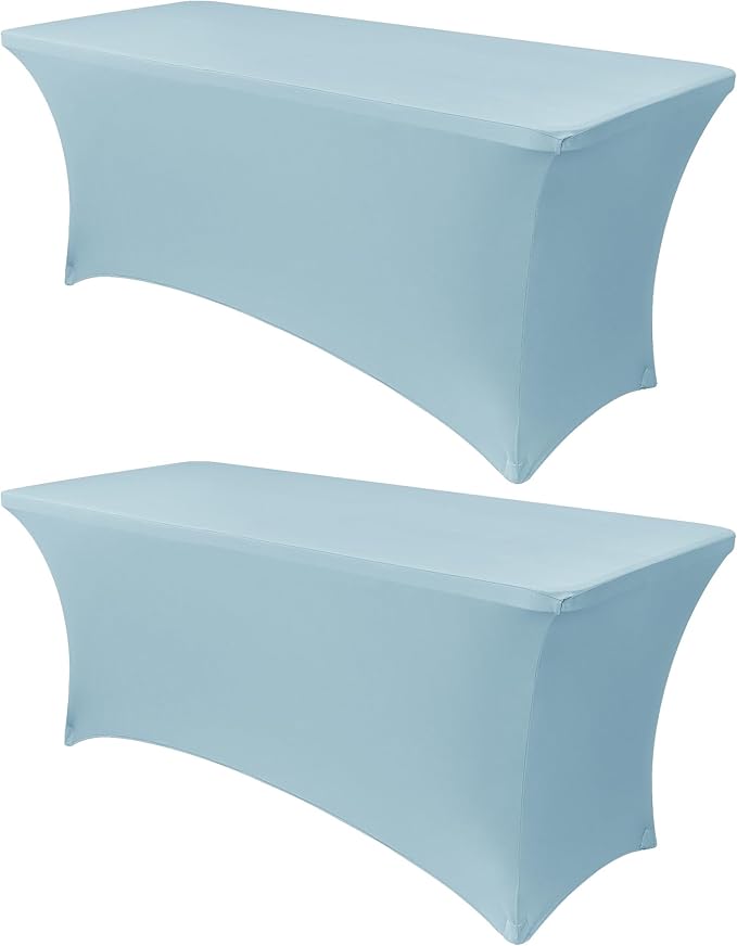 Obstal 6Ft Stretch Spandex Table Cover for Standard Folding Tables - 2 Pack Universal Rectangular Fitted Tablecloth for Party, Banquet, Events, Trade Show (Dusty Blue, 72L x 30W x 30H Inches)