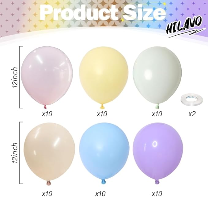 Pastel Rainbow Balloons, 60Pcs Colorful Macaron Pink Orange Yellow Green Blue Purple Balloons Birthday Decor, 12 Inch Multicolor Assorted Colors Latex Balloon for Wedding Baby Shower Party Decorations
