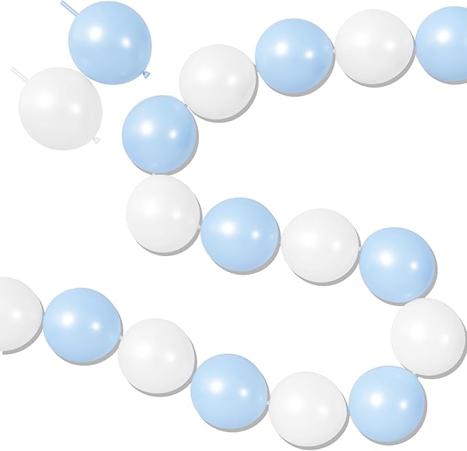 Blue and White Link Balloons, 60PCS Baby Light Blue White Linking Balloons with Tail for Making Balloon Wall Arch and Chains, Quick Balloon for Wedding Birthday Baby Shower Party Decorations (6inch)