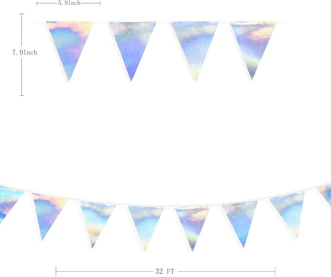 33Ft Iridescent Party Decoration Holographic Fabric Triangle Pennant Banner Flag Cotton Bunting Garland for Birthday Wedding Bridal Shower Bachelorette Engagement Disco Euphoria Galaxy Party Supplies