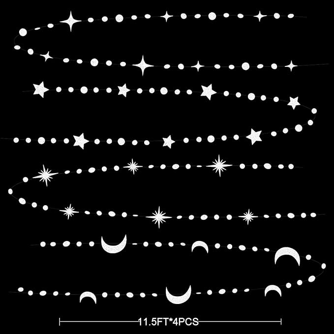 White Star Moon Circle Dot Garland Party Decoration Hanging Crescent Twinkle Little Star Streamer Bunting Banner for Wedding Engagement Anniversary Bridal Shower Kids Birthday Baby Shower Decor