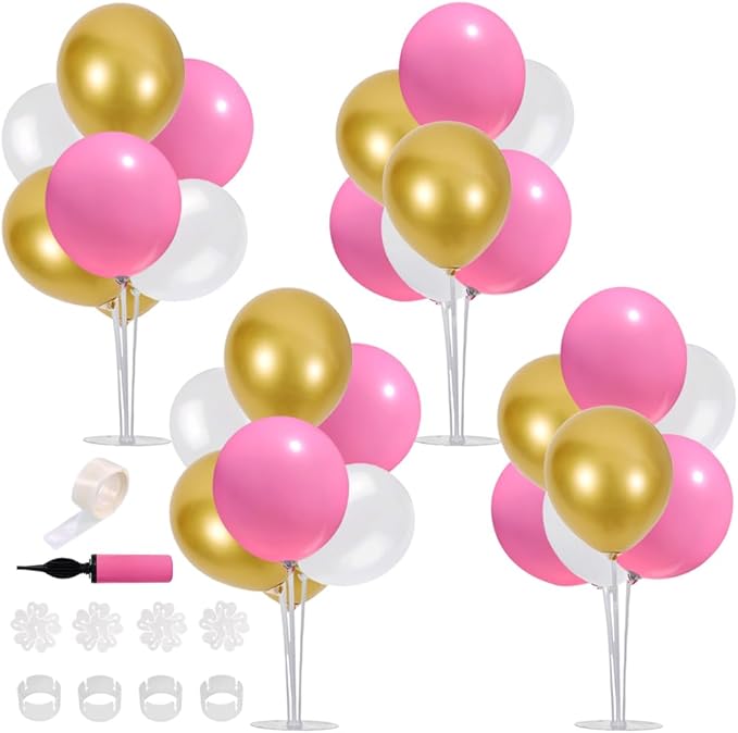 TONIFUL 4 Centerpieces Table Decoration Pink White Gold Balloon Centerpieces, Balloon Stand Kit for Girl Sweet 16th Birthday Decorations,Bridal Shower,Baby Shower
