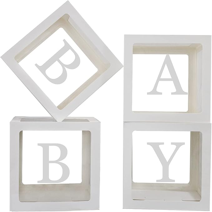 Baby Boxes with Letters for Baby Shower,Clear Baby Shower Decorations Block Boxes for Gender Reveal,Transparent Balloon Box Backdrop Birthday Party,4PCS