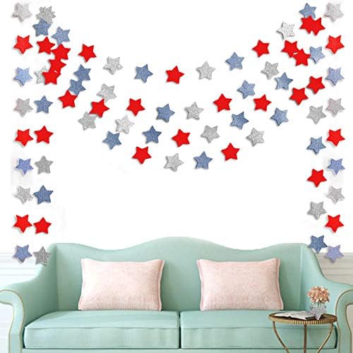 6 Pack Patriotic Star Streamers Garland Red White Blue Bunting Banner Paper Hanging Decorations for 4th of July American Independence Day Labor Day Holiday Memorial Day Party Supplies (50 Feet)