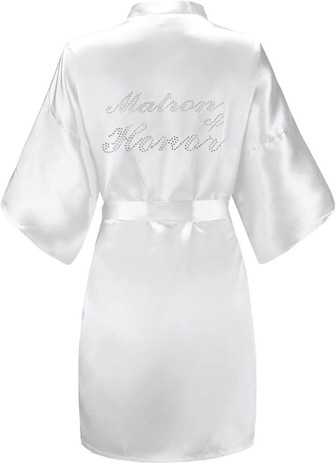 EPLAZA Women's One Size Silver Rhinestones Bride Bridesmaid Short Satin Robes for Wedding Party Getting Ready