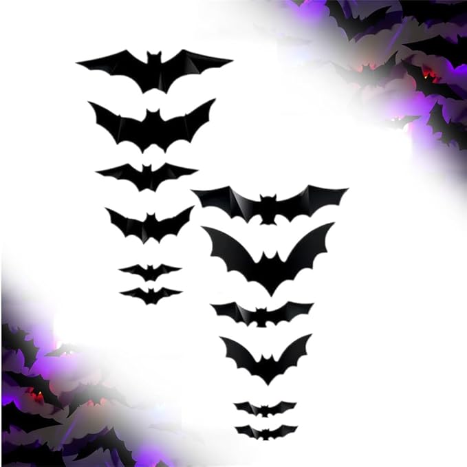 2025 New Halloween 3D Lighted Bats, LED Purple Lighted 3D Bats Halloween Decoration, Upgrade LED Glowing Bat Group Hanging Wall Luminous Glow Clings Multipack (12Pcs Black)